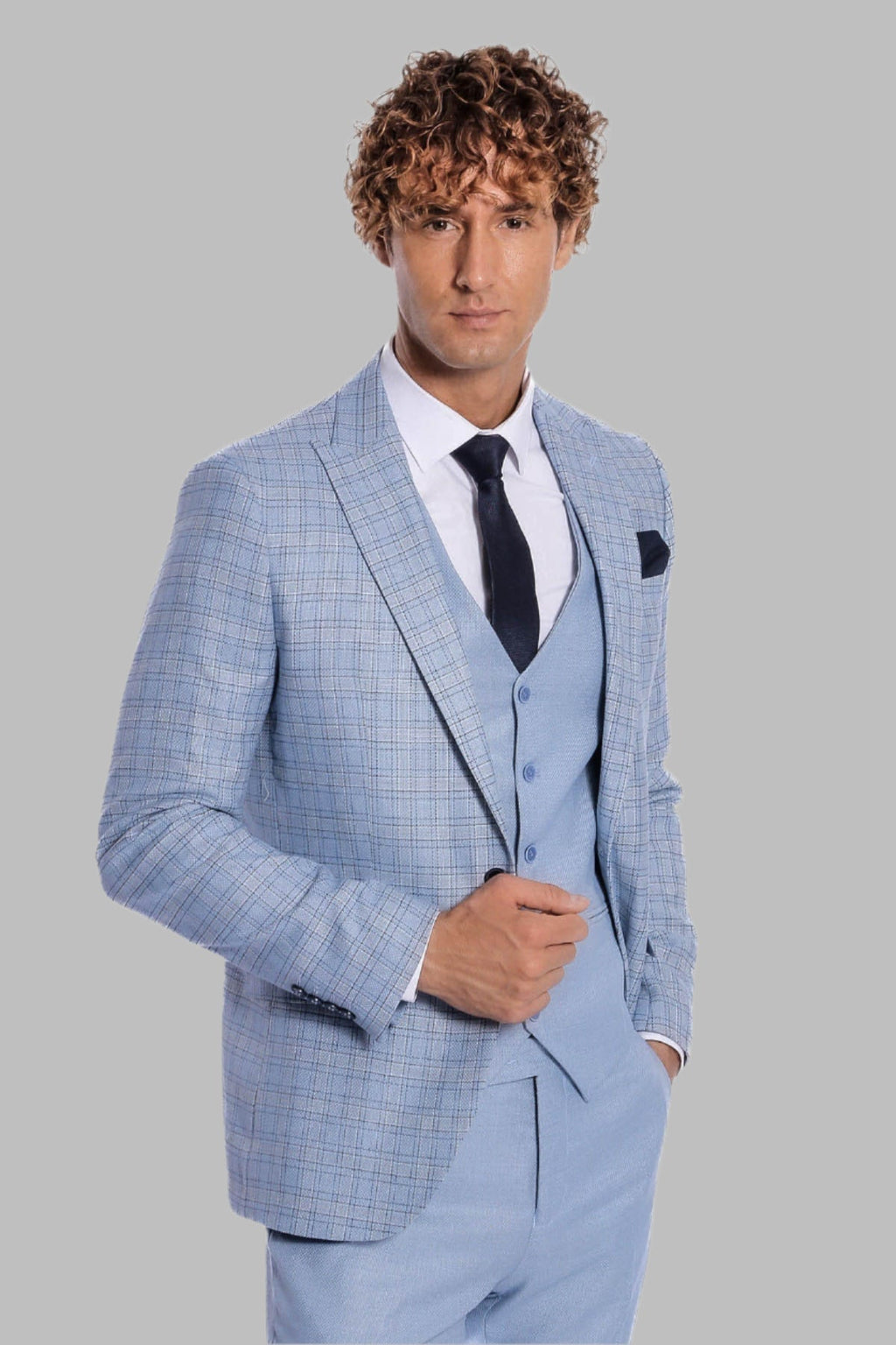 Checked Slim Fit Light Blue Men Suit - Wessi