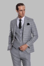 Checked Slim Fit Light Grey Men Suit - Wessi