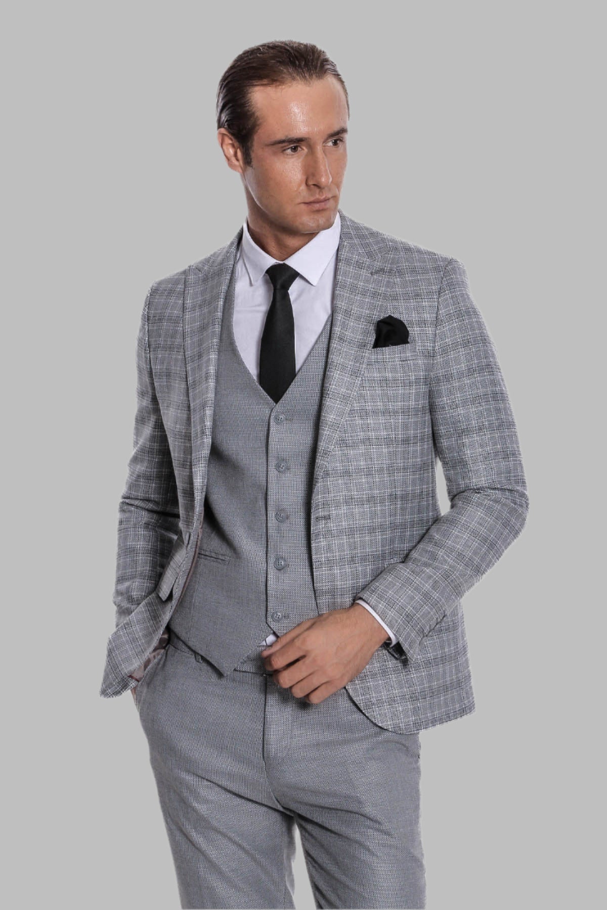 Checked Slim Fit Light Grey Men Suit - Wessi