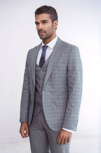 Checked Slim Fit Grey Men Suit - Wessi