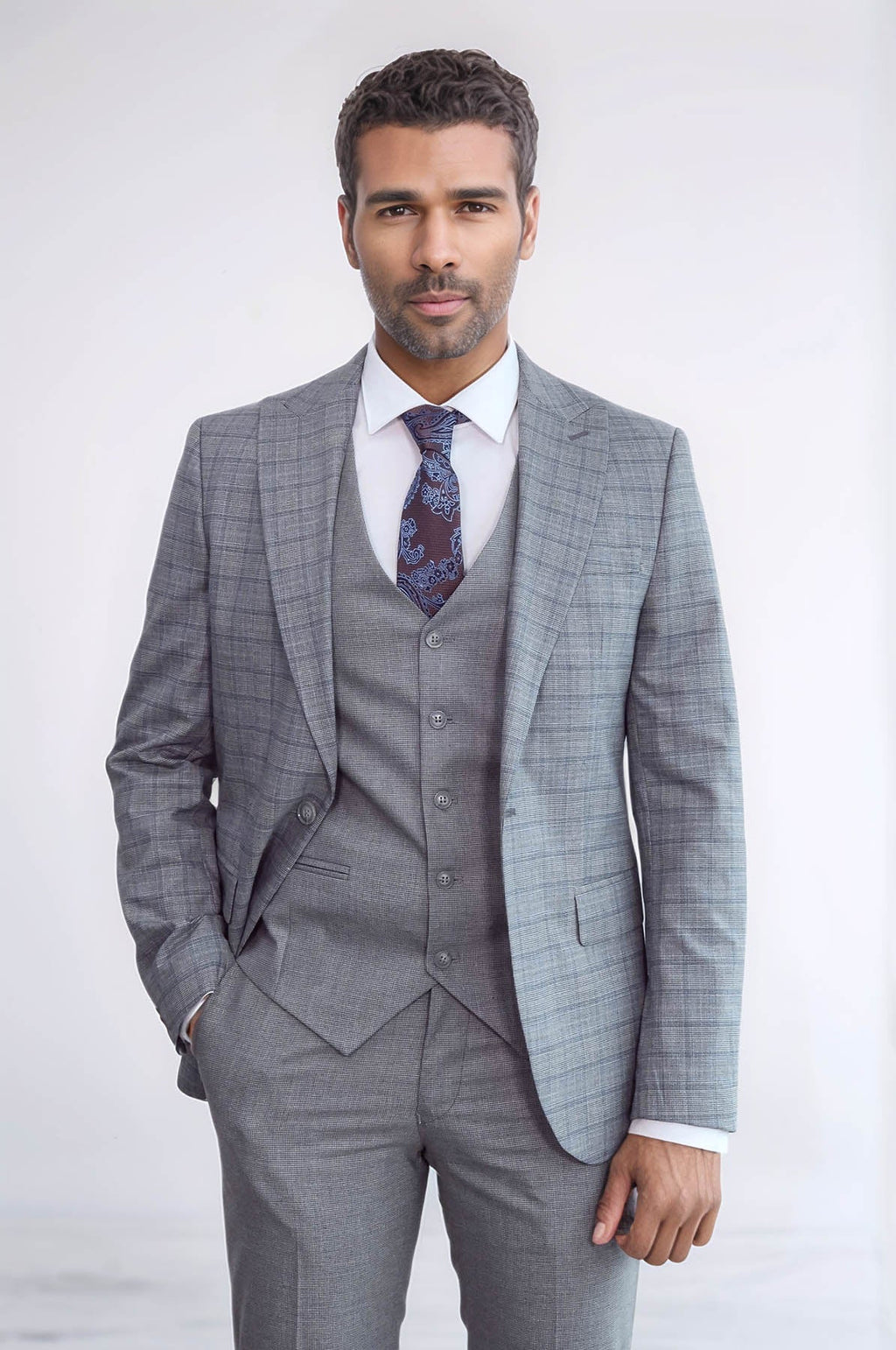 Checked Slim Fit Grey Men Suit - Wessi