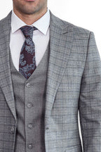 Checked Slim Fit Grey Men Suit - Wessi