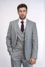 Checked Slim Fit Light Grey Men Suit - Wessi