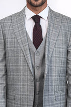 Checked Slim Fit Light Grey Men Suit - Wessi
