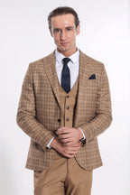 Checked Slim Fit Tan Men Suit - Wessi