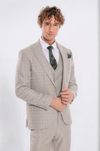 Checked Slim Fit Cream Men Suit - Wessi