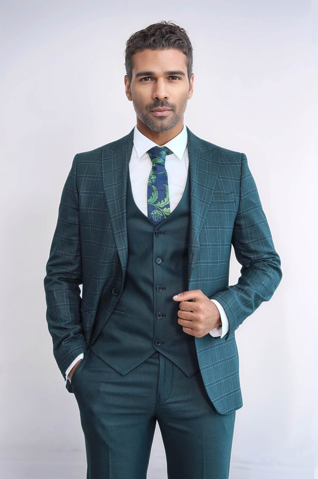 Checked Slim Fit Green Men Suit - Wessi