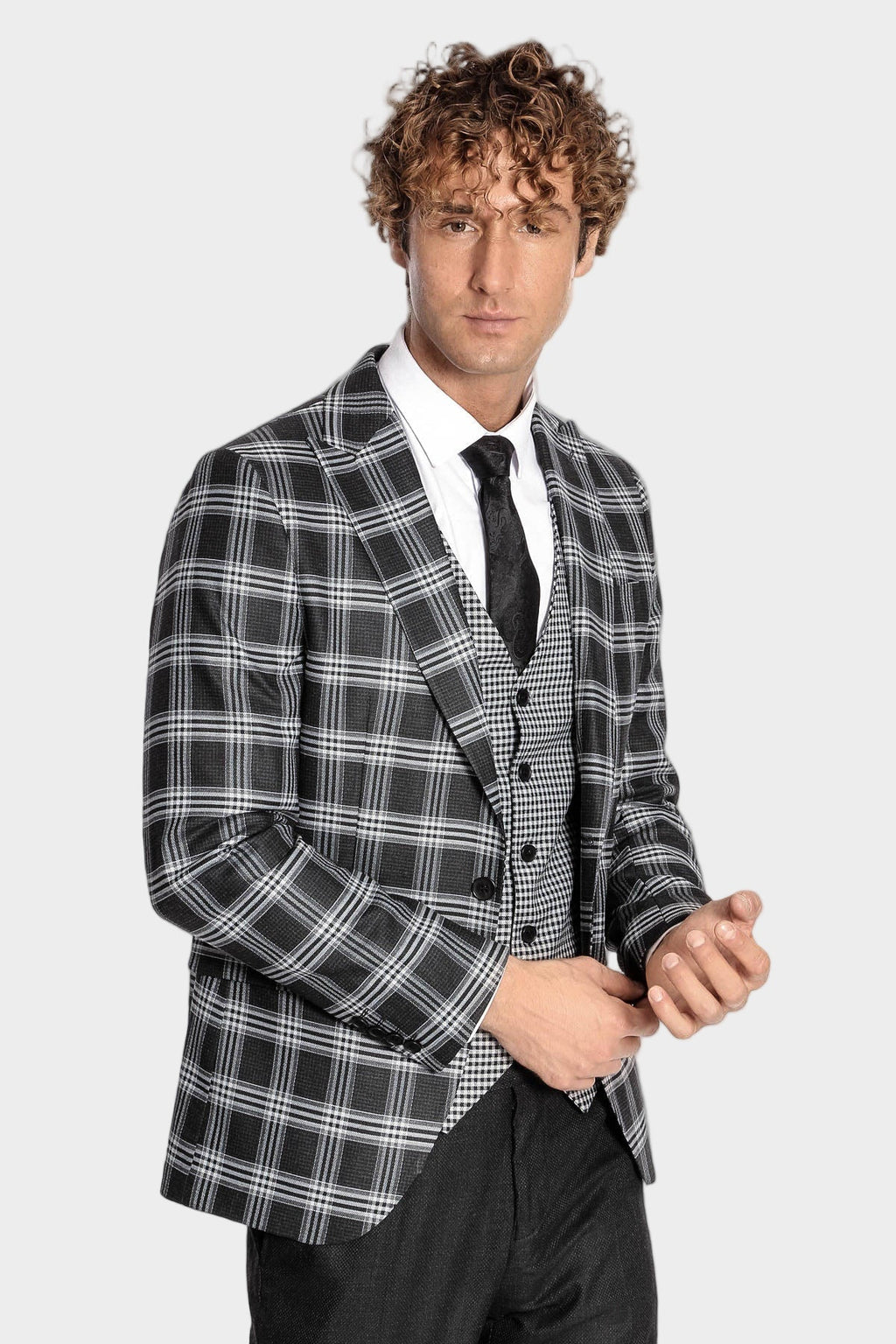 Slim Fit Patterned Checked Black Men Suit - Wessi