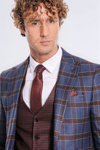 Patterned Checked Slim Fit Blue Men Suit - Wessi