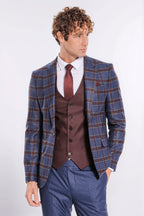 Patterned Checked Slim Fit Blue Men Suit - Wessi