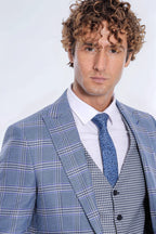 Patterned Checked Slim Fit Blue Men Suit - Wessi