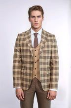 Slim Fit Patterned Checked Light Brown Men Suit - Wessi