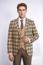 Slim Fit Patterned Checked Light Brown Men Suit - Wessi
