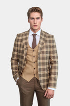 Slim Fit Patterned Checked Light Brown Men Suit - Wessi
