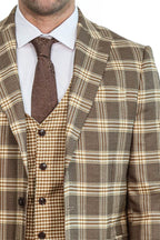 Slim Fit Patterned Checked Light Brown Men Suit - Wessi