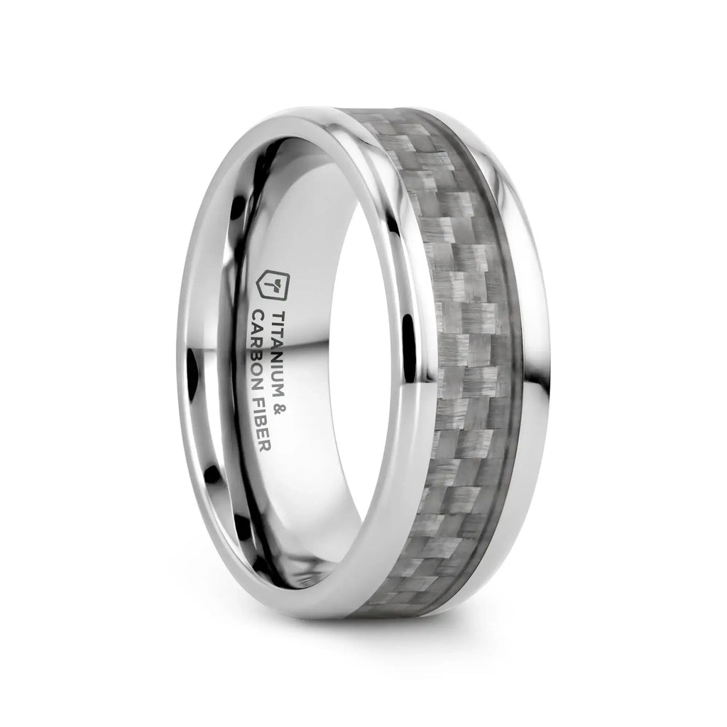 TANTALUS Beveled Edge Titanium Ring with White Carbon Fiber Inlay - 8mm