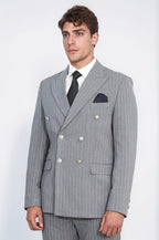 Pinstripe Double Breasted Men’s Grey Suit with Silver Button Details - Wessi
