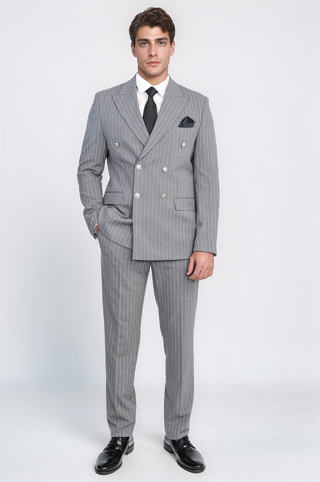 Pinstripe Double Breasted Men’s Grey Suit with Silver Button Details - Wessi