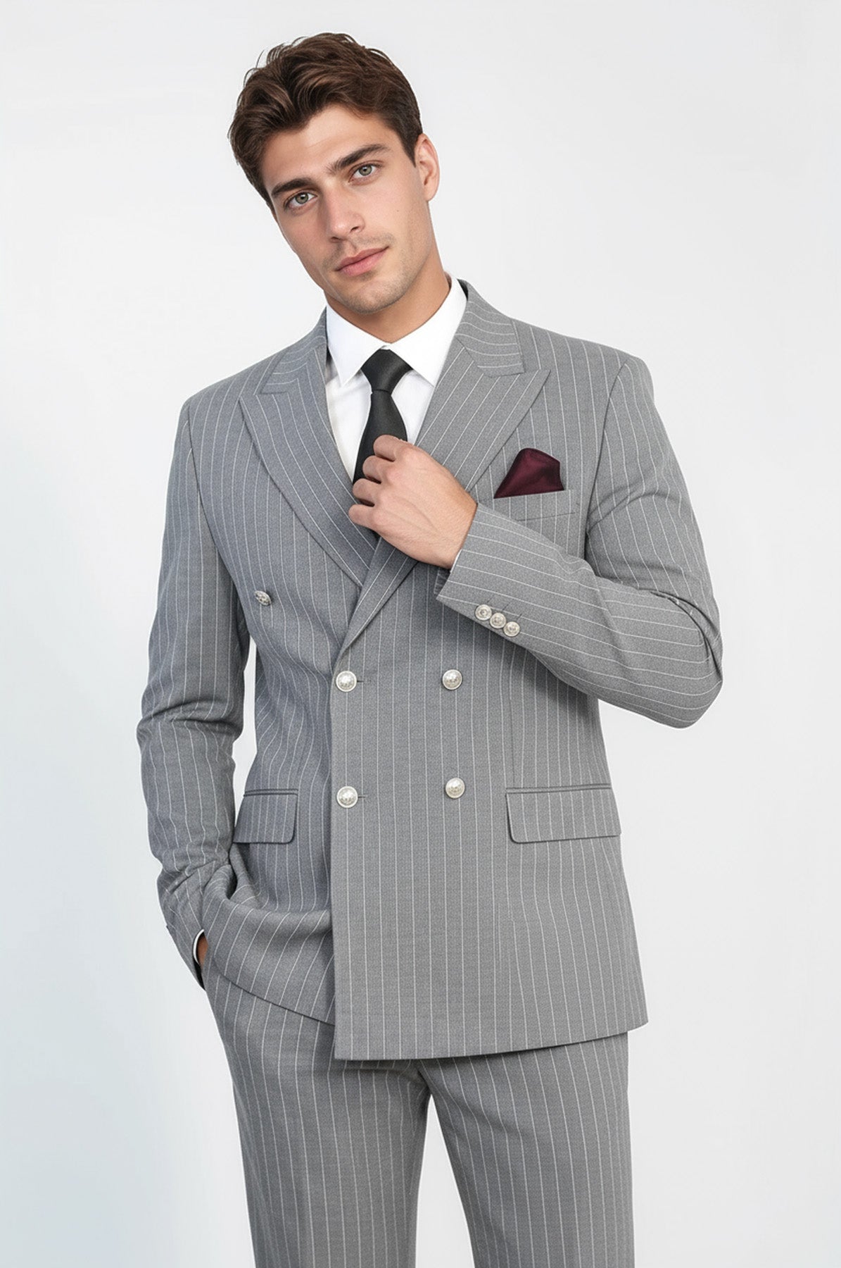 Pinstripe Double Breasted Men’s Grey Suit with Silver Button Details - Wessi