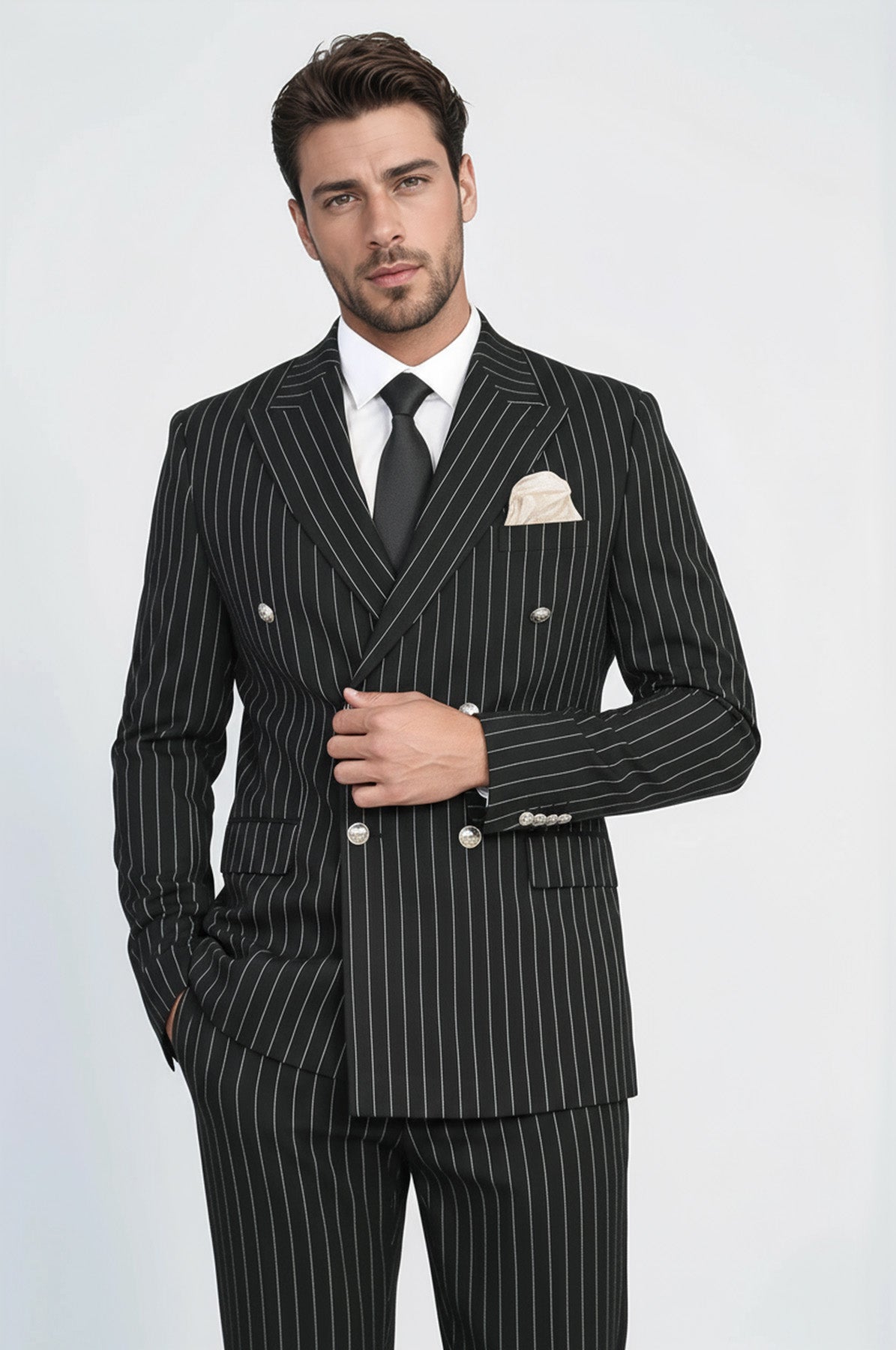 Pinstripe Double Breasted Men’s Black Suit with Silver Button Details - Wessi
