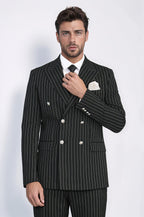 Pinstripe Double Breasted Men’s Black Suit with Silver Button Details - Wessi