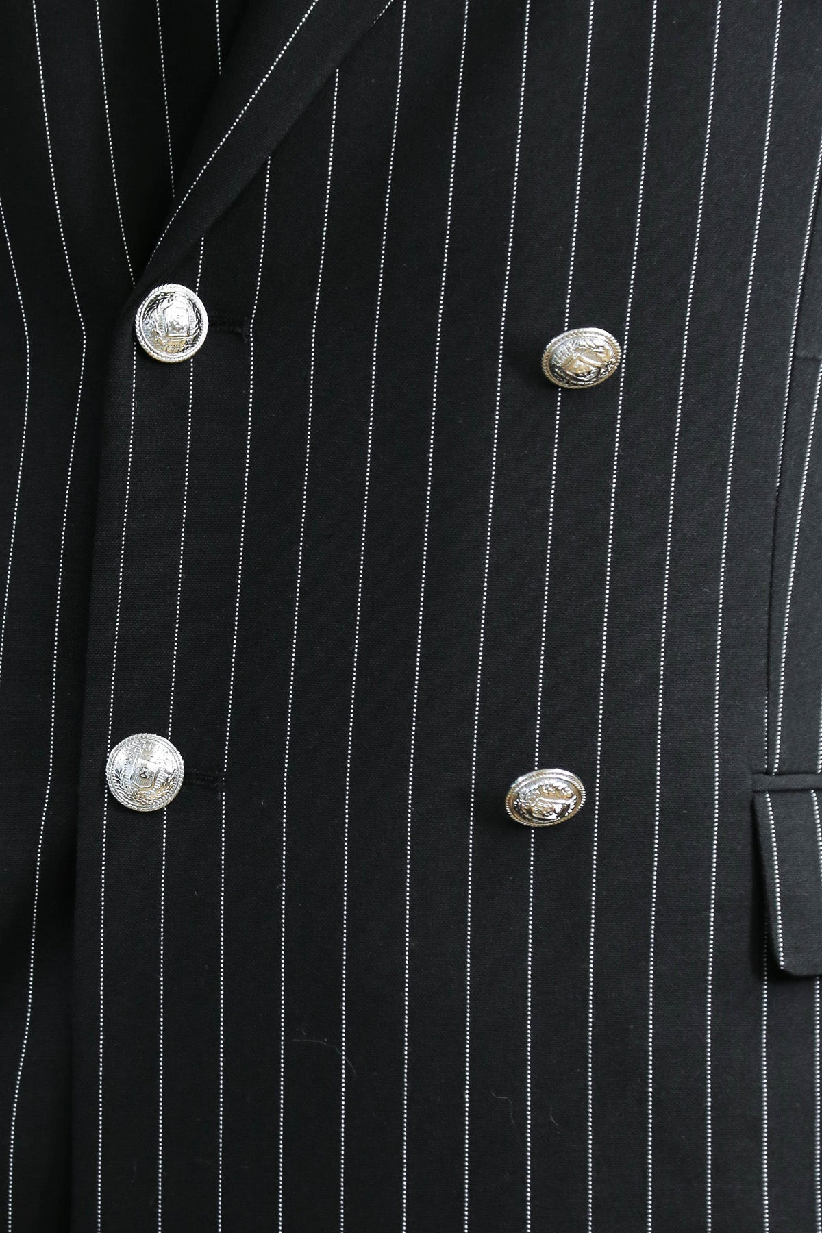 Pinstripe Double Breasted Men’s Black Suit with Silver Button Details - Wessi