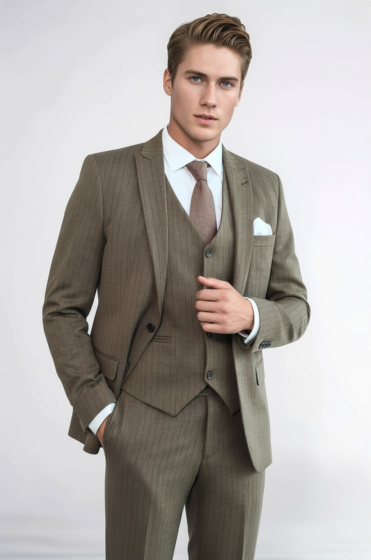 Striped Slim Fit Brown Men Suit - Wessi