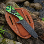 The Flash Flood – Custom Handmade Raindrop Pattern Damascus Steel Bull Cutter Knife with Epoxy Resin Handle & Leather Sheath