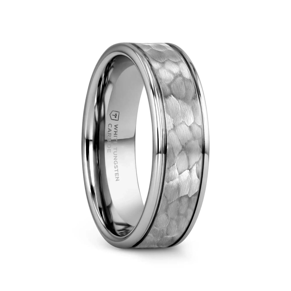THORNTON Hammered Finish Center White Tungsten Carbide Wedding Band with Dual Offset Grooves and Polished Edges - 6mm & 8mm