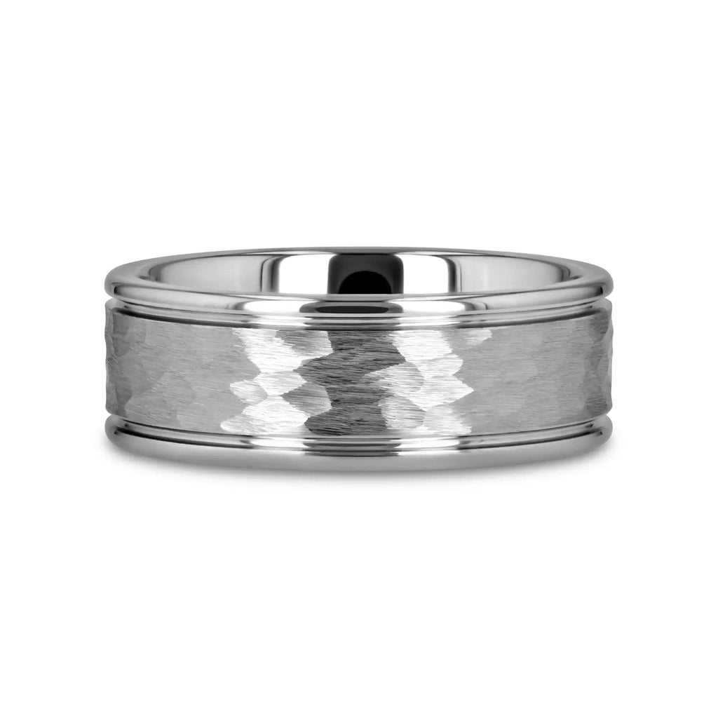 THORNTON Hammered Finish Center White Tungsten Carbide Wedding Band with Dual Offset Grooves and Polished Edges - 6mm & 8mm
