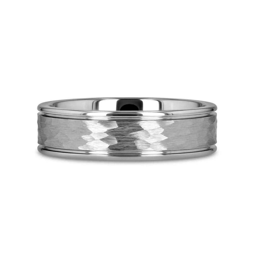 THORNTON Hammered Finish Center White Tungsten Carbide Wedding Band with Dual Offset Grooves and Polished Edges - 6mm & 8mm