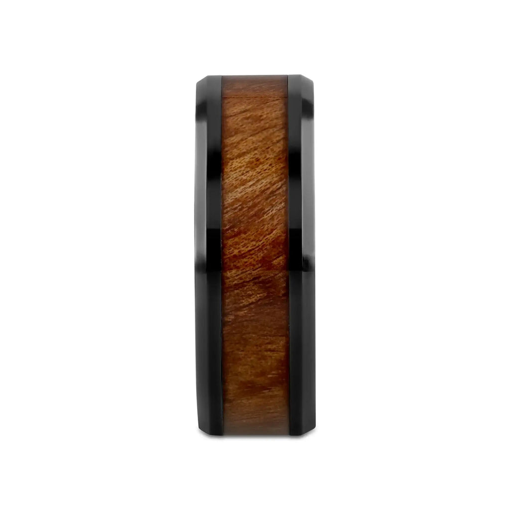 THRACIAN Carpathian Wood Inlaid Black Ceramic Ring with Bevels - 6mm & 8mm
