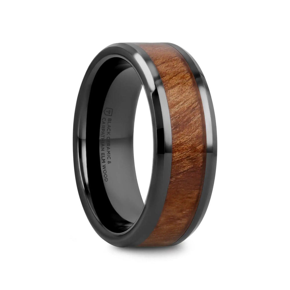 THRACIAN Carpathian Wood Inlaid Black Ceramic Ring with Bevels - 6mm & 8mm