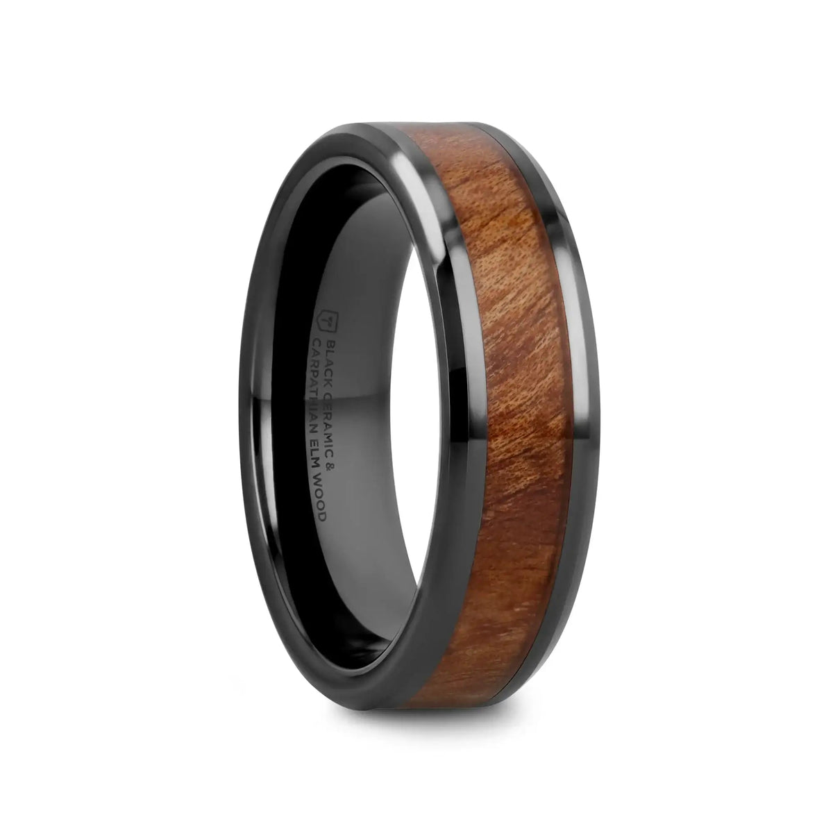 THRACIAN Carpathian Wood Inlaid Black Ceramic Ring with Bevels - 6mm & 8mm
