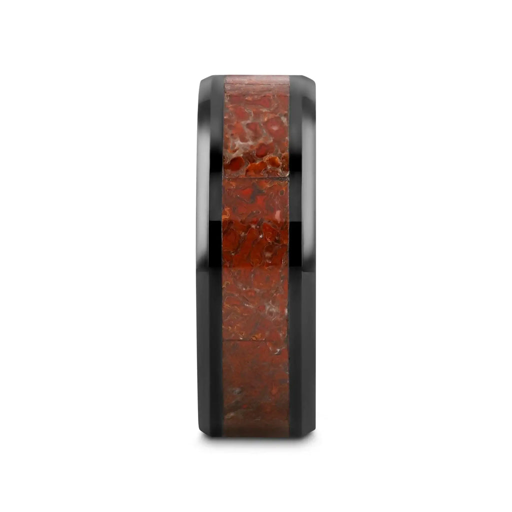 TRIASSIC Red Dinosaur Bone Inlaid Black Ceramic Beveled Edged Ring - 4mm & 8mm