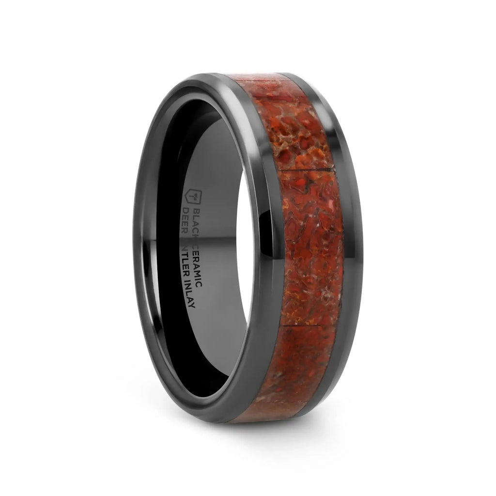 TRIASSIC Red Dinosaur Bone Inlaid Black Ceramic Beveled Edged Ring - 4mm & 8mm