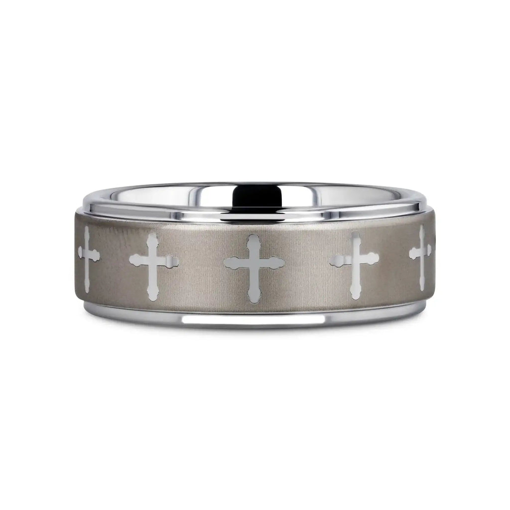 TRINITY Raised Center with Engraved Crosses Men's Tungsten Wedding Band – 8mm