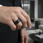 TROPHY Black Damascus Steel Inlaid Polished Black Titanium Men's Wedding Band With Black Sapphire Beveled Edges - 8mm
