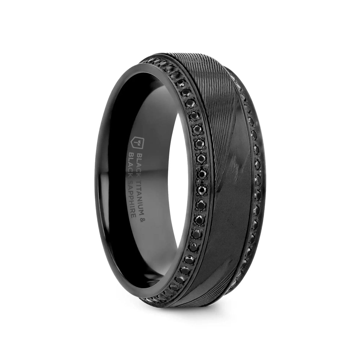 TROPHY Black Damascus Steel Inlaid Polished Black Titanium Men's Wedding Band With Black Sapphire Beveled Edges - 8mm