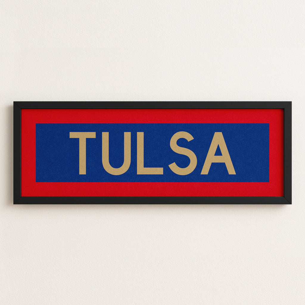 Framed Tulsa Red Blue and Gold Bus Scroll