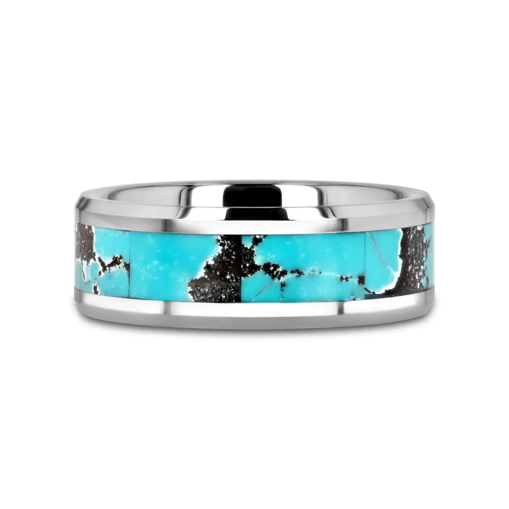 TURKIS Turquoise Spider Web Inlay Tungsten Carbide ring with Beveled Polished Edges - 8mm