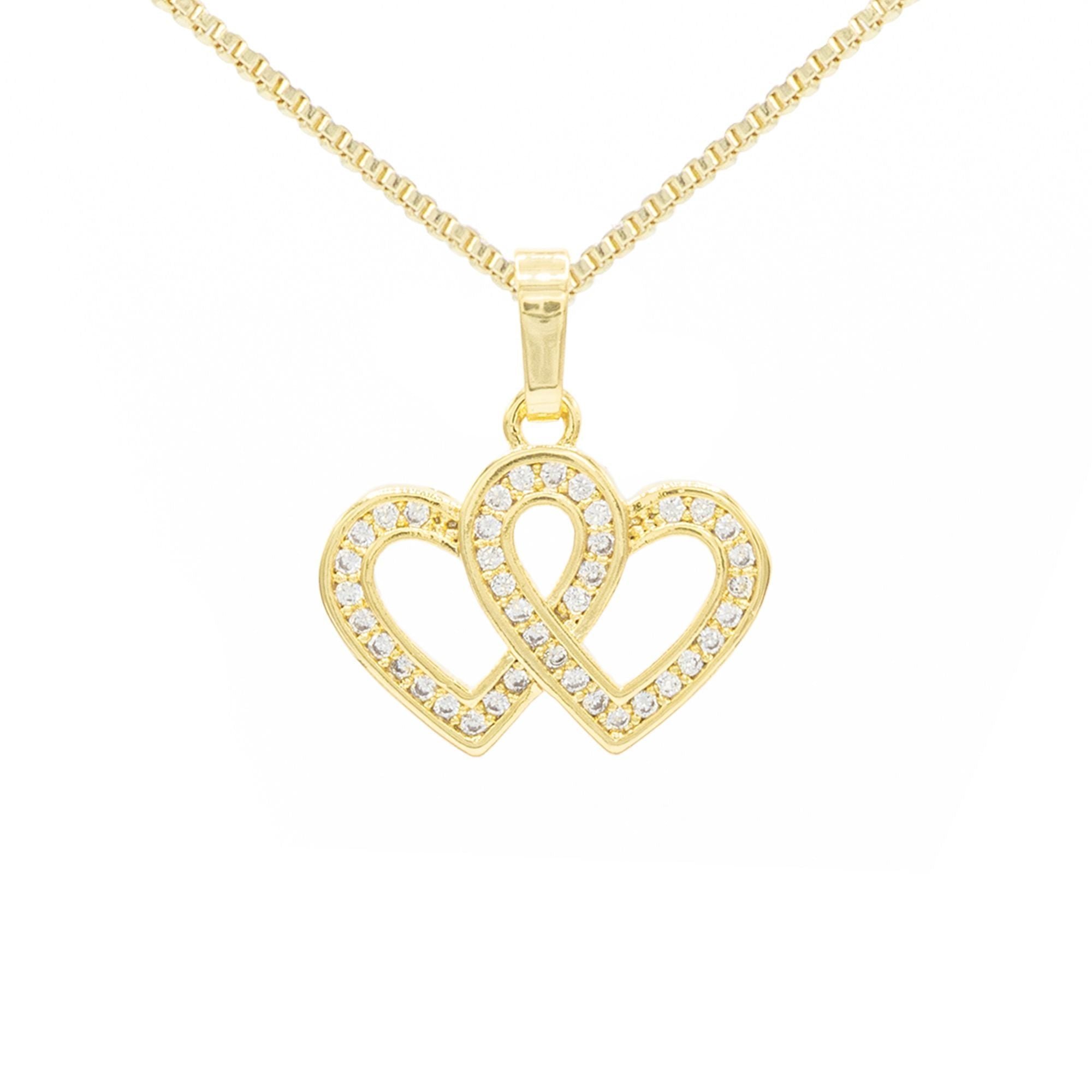 Cubic Zirconia 14K Gold Filled Connected Hearts Pendant Necklace Set
