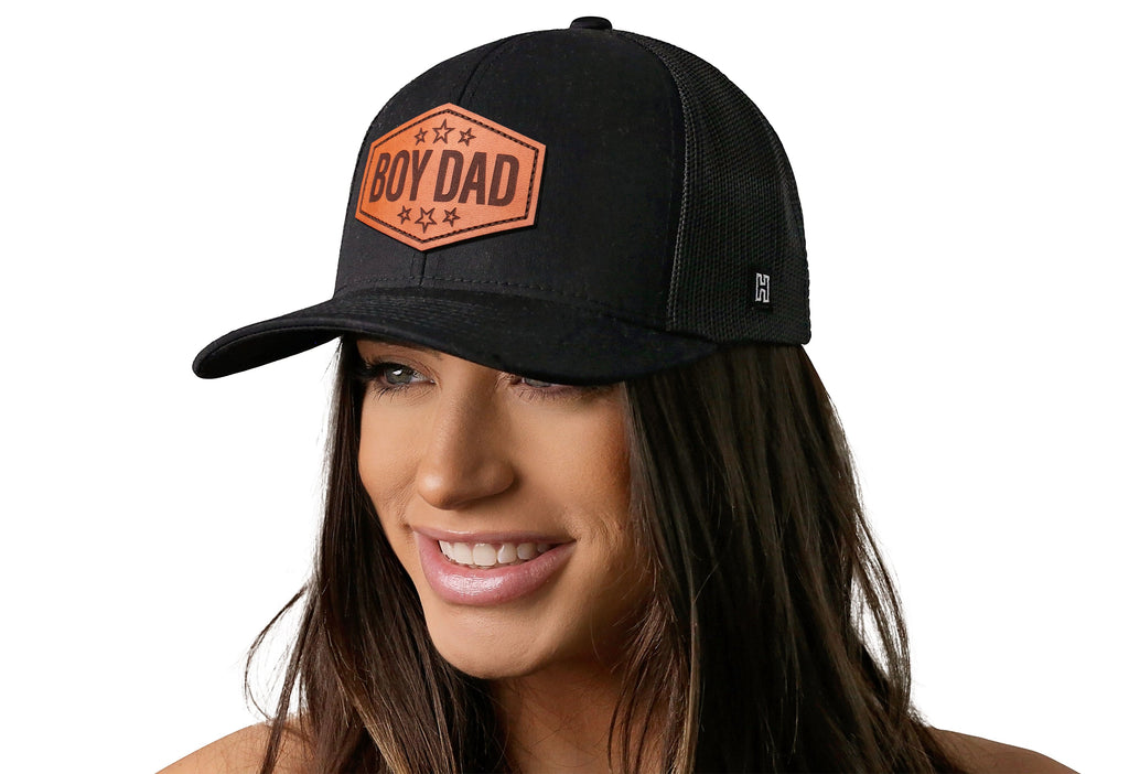 Boy Dad Leather Trucker Hat  |  Leather Father's Day Snapback