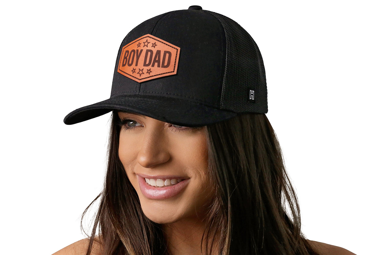 Boy Dad Leather Trucker Hat  |  Leather Father's Day Snapback