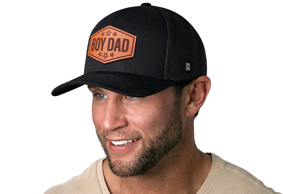 Boy Dad Leather Trucker Hat  |  Leather Father's Day Snapback