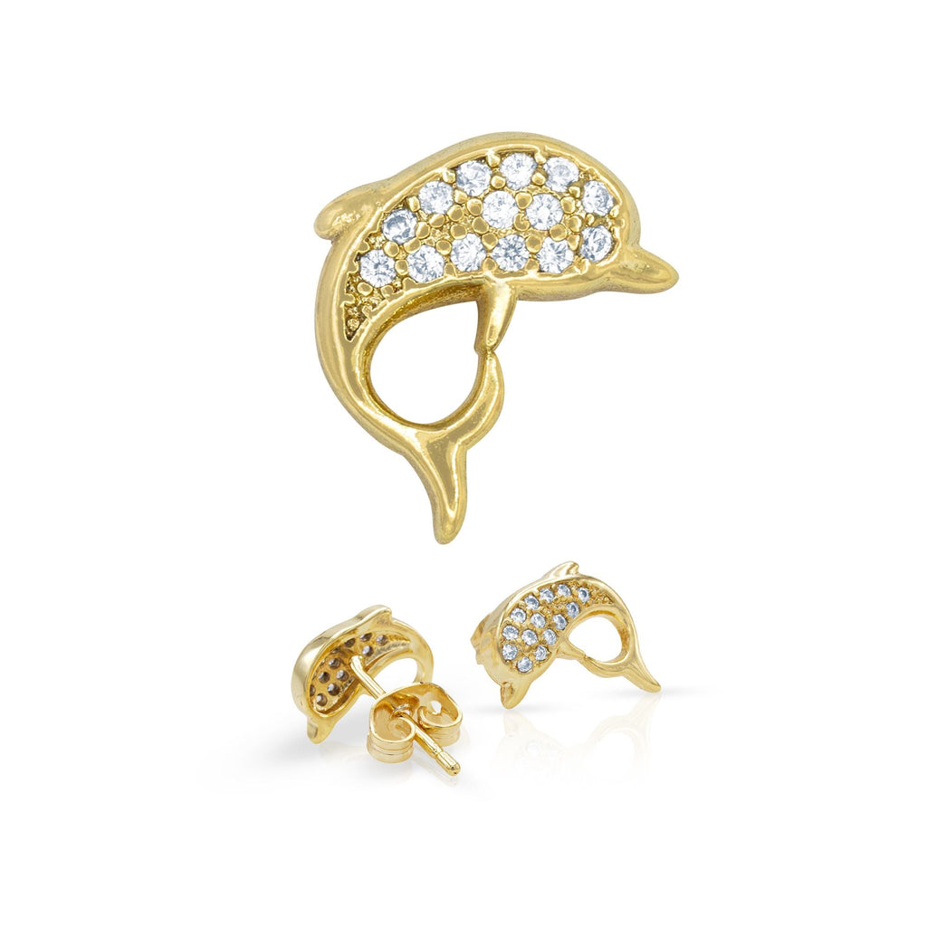 Dolphin 1 Cubic Zirconia Earrings 14K Gold  Silver Filled Hip Hop Studs Jewelry Women
