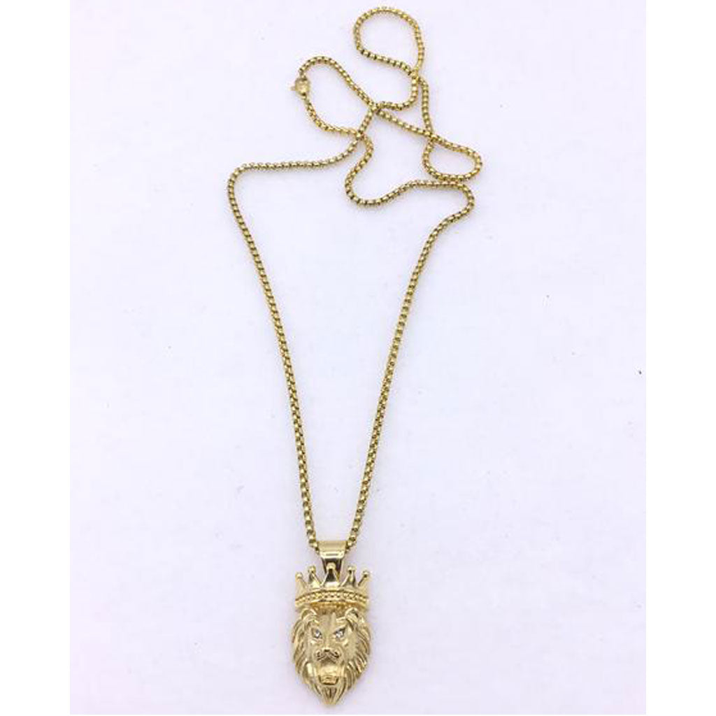 18K Gold Stainless Steel Box Chain with Crowned Lion Cubic Zirconia Eyes