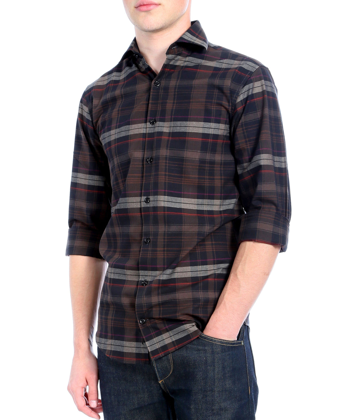 Brown Plaid Slim Fit Casual Shirt - Vale