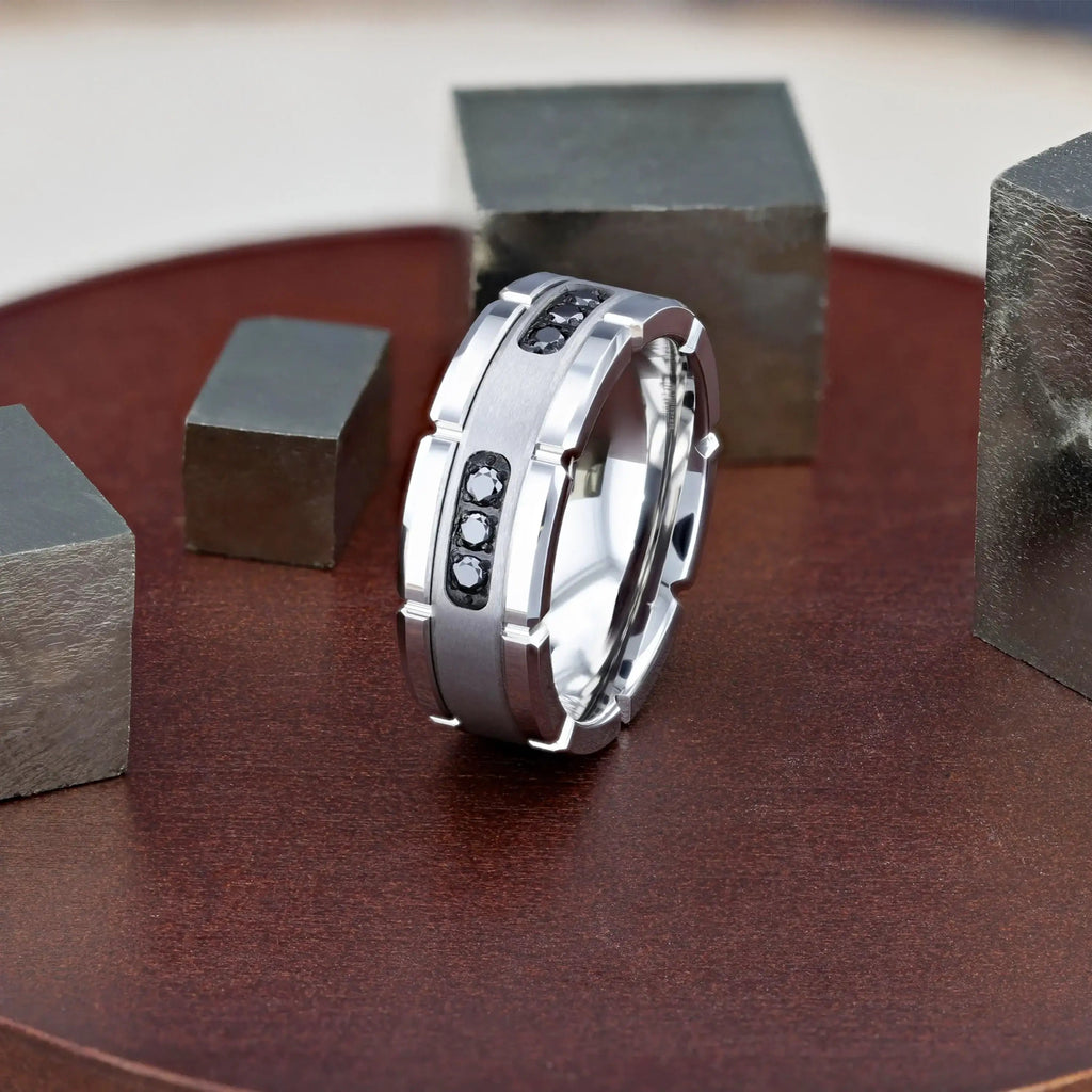 VALOR Grooved Tungsten Ring with Silver Inlay & Black Diamonds - 8mm