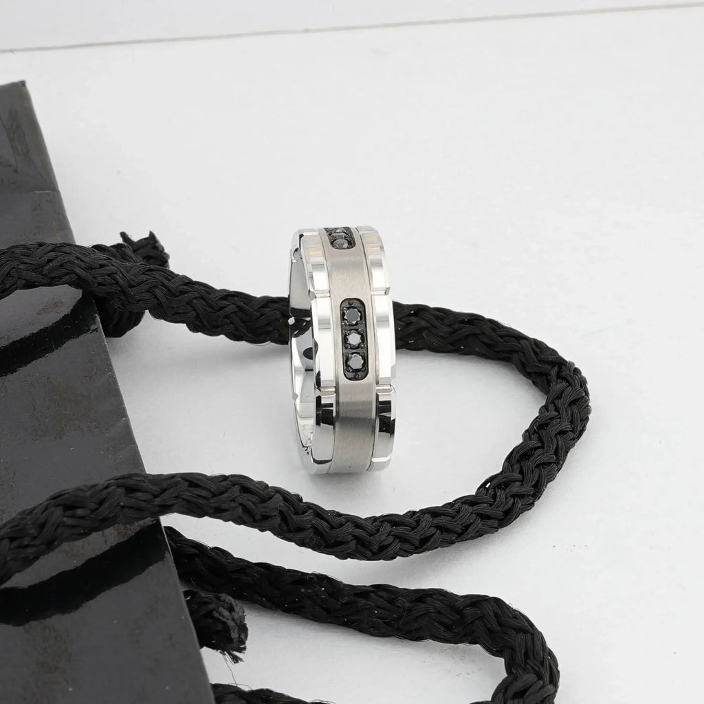VALOR Grooved Tungsten Ring with Silver Inlay & Black Diamonds - 8mm